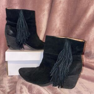Handmade Black Suede Fringe Wooden Heel Boots. Roswell-FR Women’s Size 10